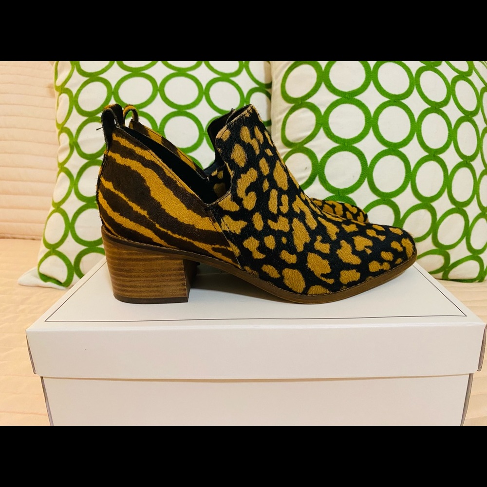 1.Slate Idania2. Black/Marigold spotted calf hair booties. Size 9M. Worn once.